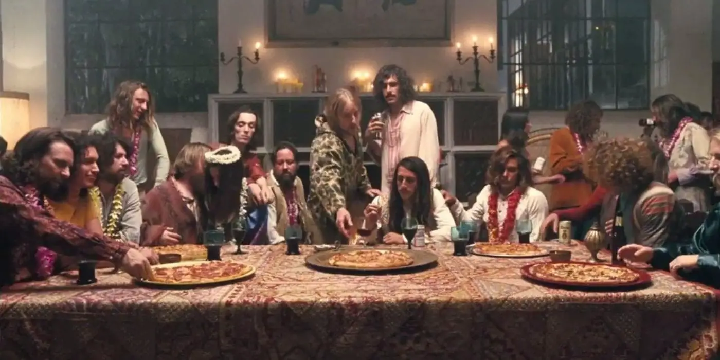 An image akin to the Last Supper but with pizza and hippies, Inherent Vice