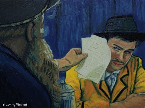 painting of a bearded man holding 2 pieces of paper up to the face of a man in a hat, in the style of Van Gogh's work