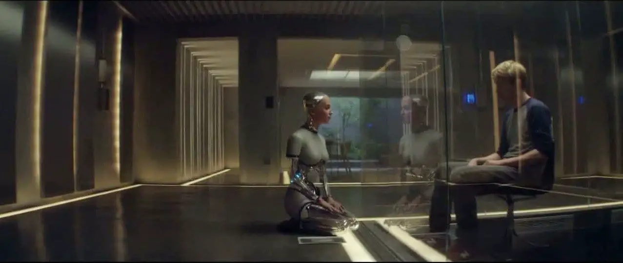 Ava and Caleb, separated and encaged in Ex Machina