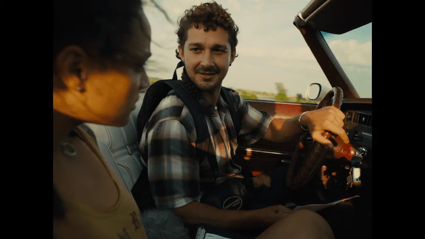 Shia LaBeouf as Jake in American Honey driving a car