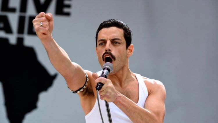 Rami Malek portraying Freddie Mercury in Bohemian Rhapsody.