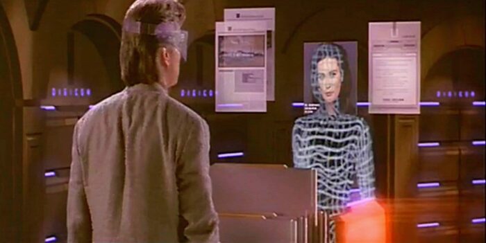 Michael Douglas faces a virtual representation of Demi Moore in a virtual world. 