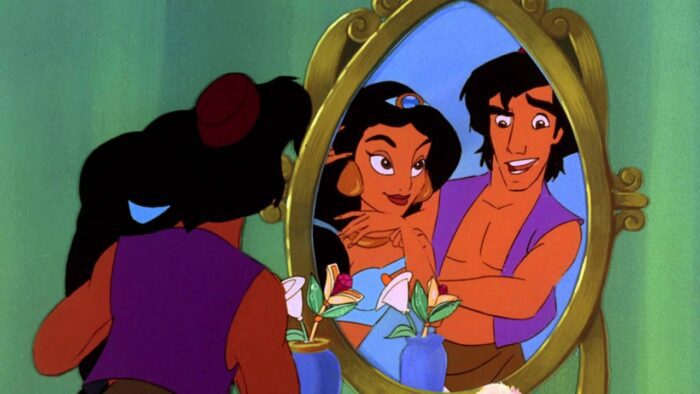 Aladdin and Jasmine look into a mirror in Return of Jafar