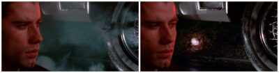 These side-by-side diopter frames from de Palma's Blow Out show two realities: an accidental tire blow out and one caused by an intentional shot.