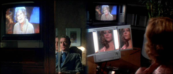 Split screen image of a man on the left and a blonde woman on the right watching a story about a transsexual on TV.
