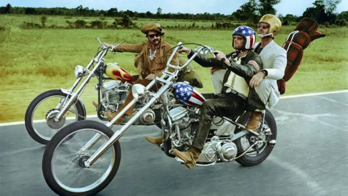 Fonda, Hopper and Nicholson ride together