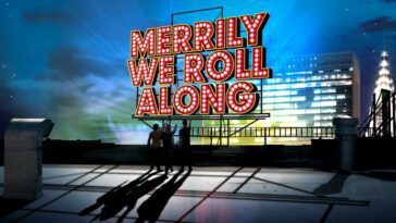 The original poster for Merrily We Roll Along, which is silhouettes of three people on an urban rooftop, pointing at the night sky.