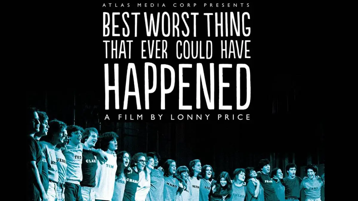 The one-sheet for the film, featuring the original teenage cast of Merrily, standing in a line on a stage, their arms around each other.