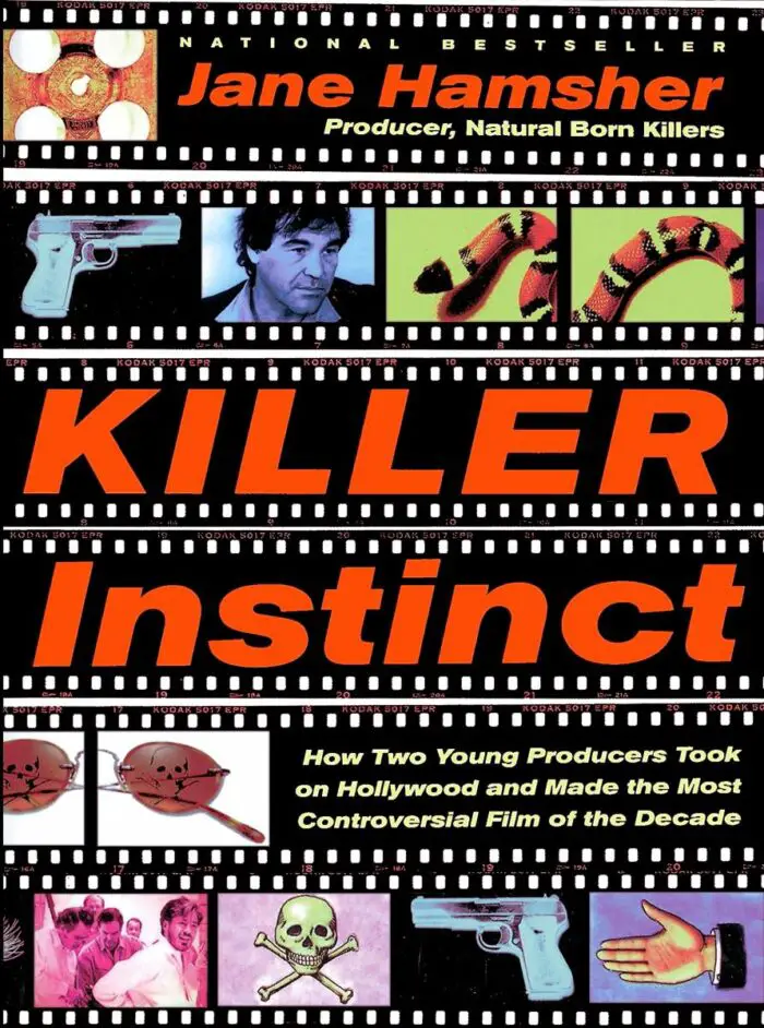 Images ogf Oliver Stone, guns, a snake, a skull and Robert Downey Jr apppear on the cover of Killer Instinct How Two Young Producers Took On Hollywood and Made the Most Controversial Movie of the Decade