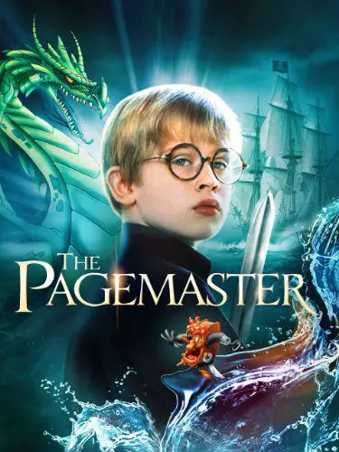 Movie poster for The Pagemaster (1994) featuring a dragon, a pirate ship and protagonist Richard (Macauley Culkin)