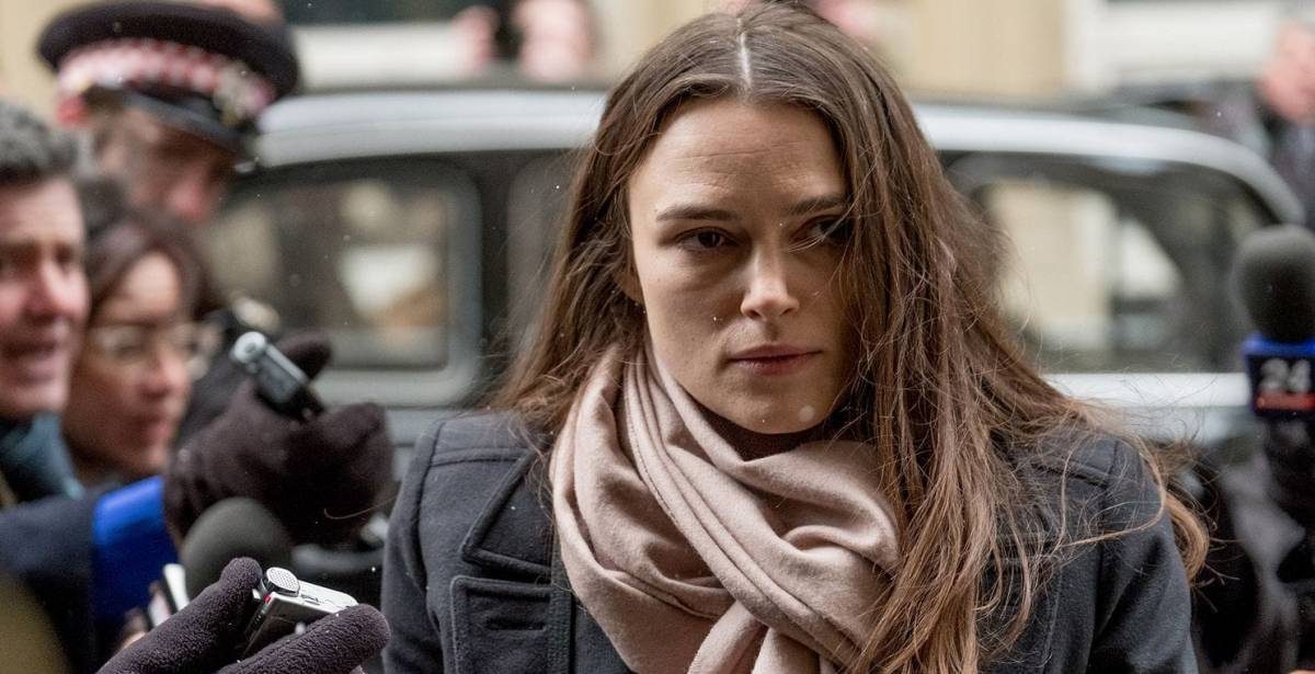 Katharine Gun (Kiera Knightley) enters the court house to face her charges in "Official Secrets"