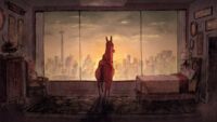 A toy horse in a playroom stands next to a small bed, looking out through a picture window at a city skyline
