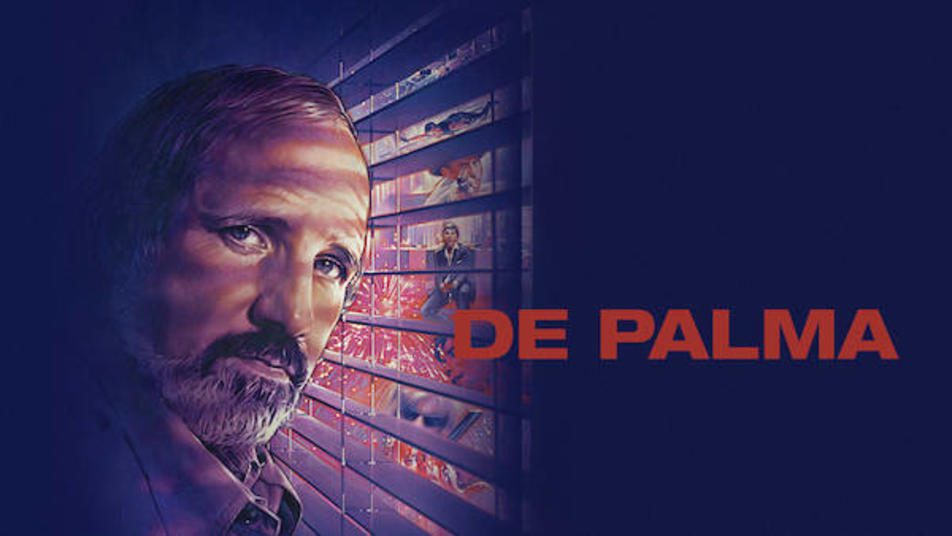 A stylized imageof Brian DePalma in front of Venetian blinds.