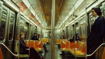 Nicole sits on a quiet subway car with Charlie standing across from her