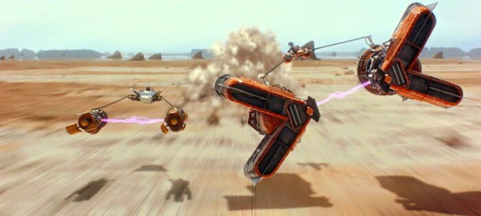 Anakin Skywalker's podracer races against Sebulba's speedster in a race to the finish line