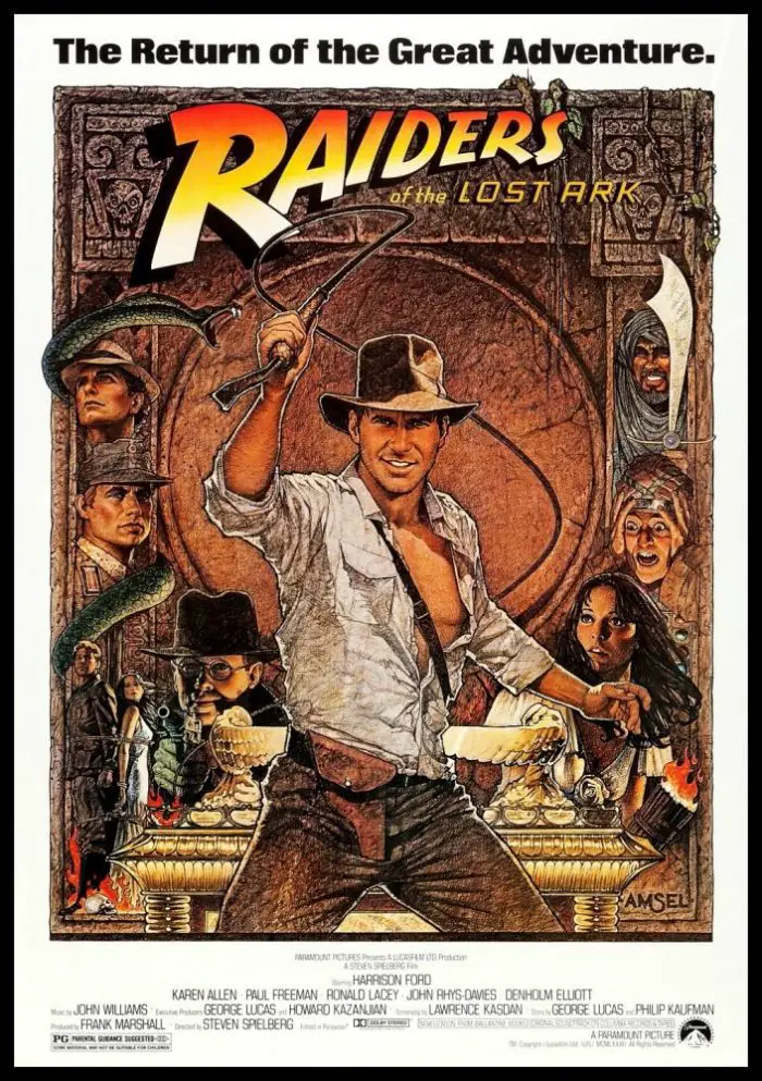 Indiana Jones cracks his whip in front of a golden Ark while heroes and villians are shown on both sides of him