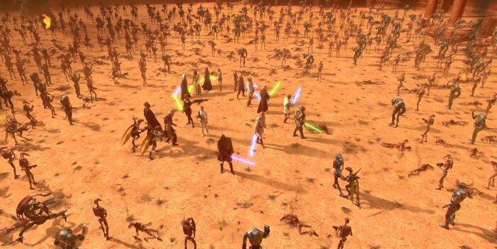 Obi-Wan, Anakin, Padme and Mace Windu find themselves surrounded by an army of droids on planet Geonosis