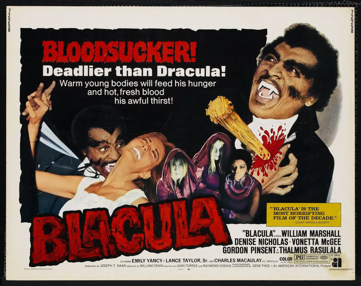 The movie poster shows Blacula with a stake thrust into his chest, screaming as he dies.