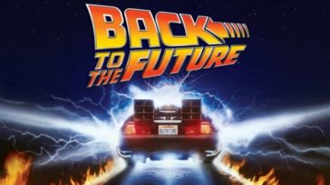 movie poster for back to the future, with the delorean in the background