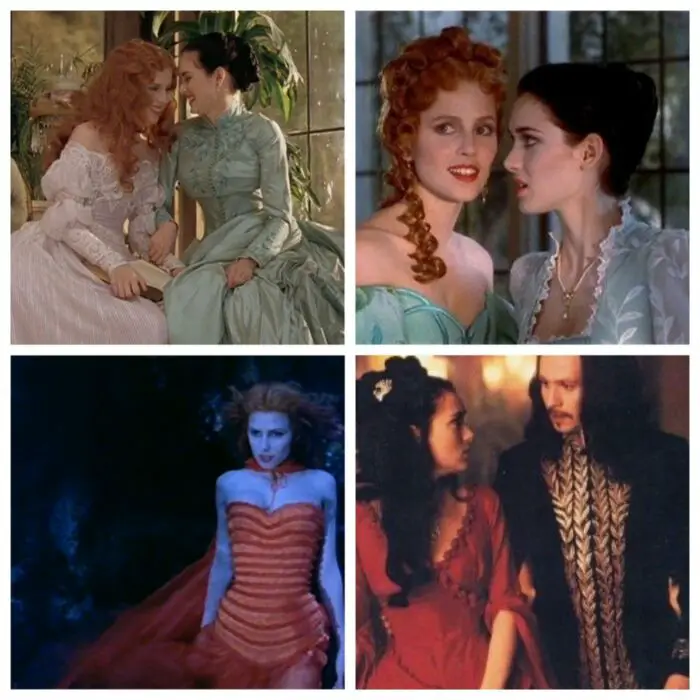 Top Left and Right: Lucy (Sadie Frost) and Mina (Winona Ryder) talk in Bram Stoker's Dracula. Bottom Left: Lucy (Sadie Frost) hears Dracula calling to her. Bottom Right: Mina (Winona Ryder) looks at Dracula (Gary Oldman)