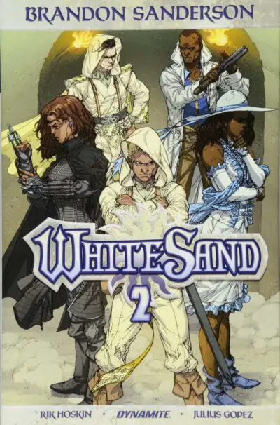 The cover of the second volume of White Sand, featuring Kenton in the foreground and several figures in differing attire surrounding him.