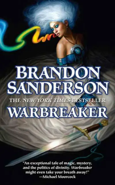 The cover of Warbreaker, which has a woman in a dress with glowing white hair reaching for a sword and breathing a rainbow out of her mouth.