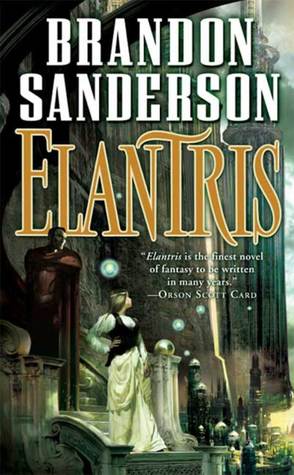 The cover of Elantris, which has a woman in formal wear and a man in red armor looking at a vast city