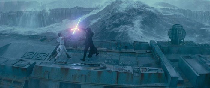 Rey (left) battles Kylo Ren (right) on the sunken remnants of the Death Star