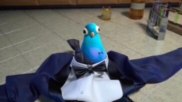 Sterling becomes a pigeon, standing amongst his former tuxedo
