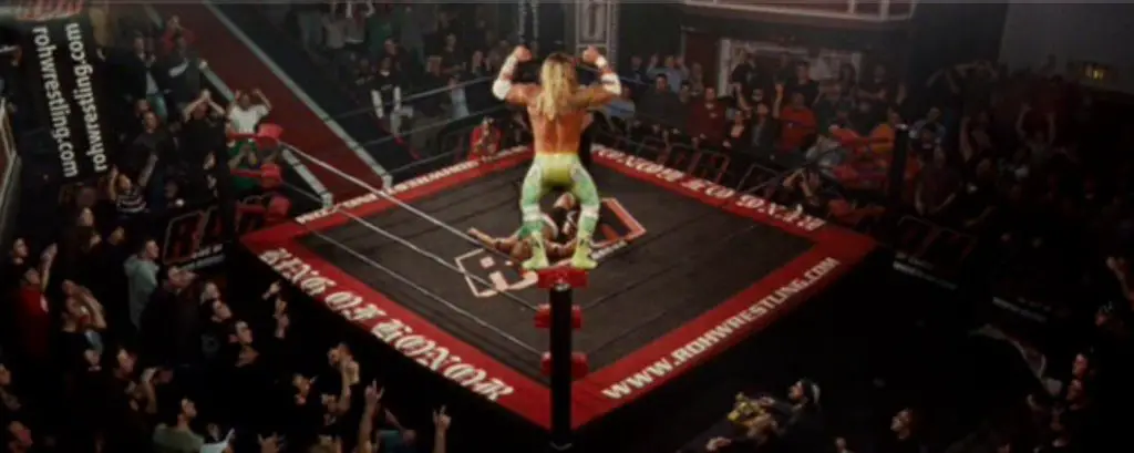 Randy stands dominantly on the top turnbuckle, posing over the ring