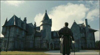 A man in the foreground looking up at a huge Gothic style estate known as Collinwood.