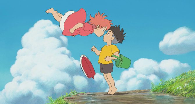 Ponyo balances nose to nose with Sōsuke whilst floating the air