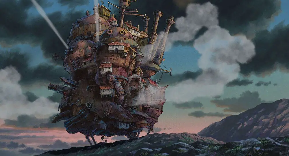 Howl’s Moving Castle, a pile of stacked, different structures that walks on legs and run by steam power