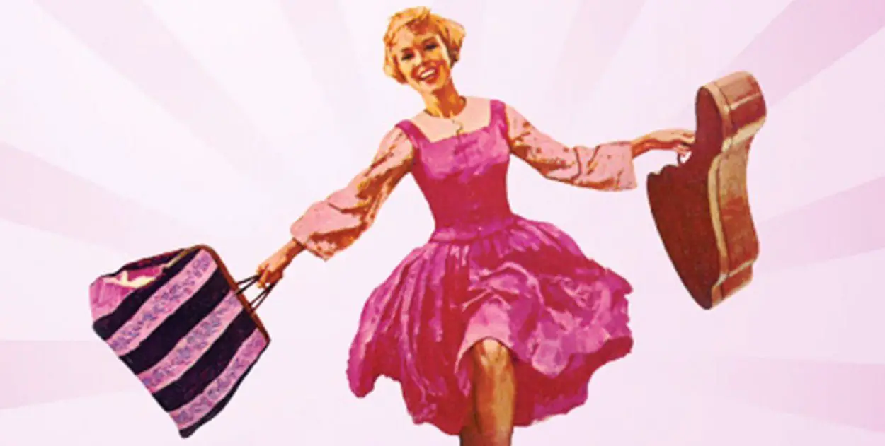 Painting of Maria skipping with suitcase in hand and guitar in the other