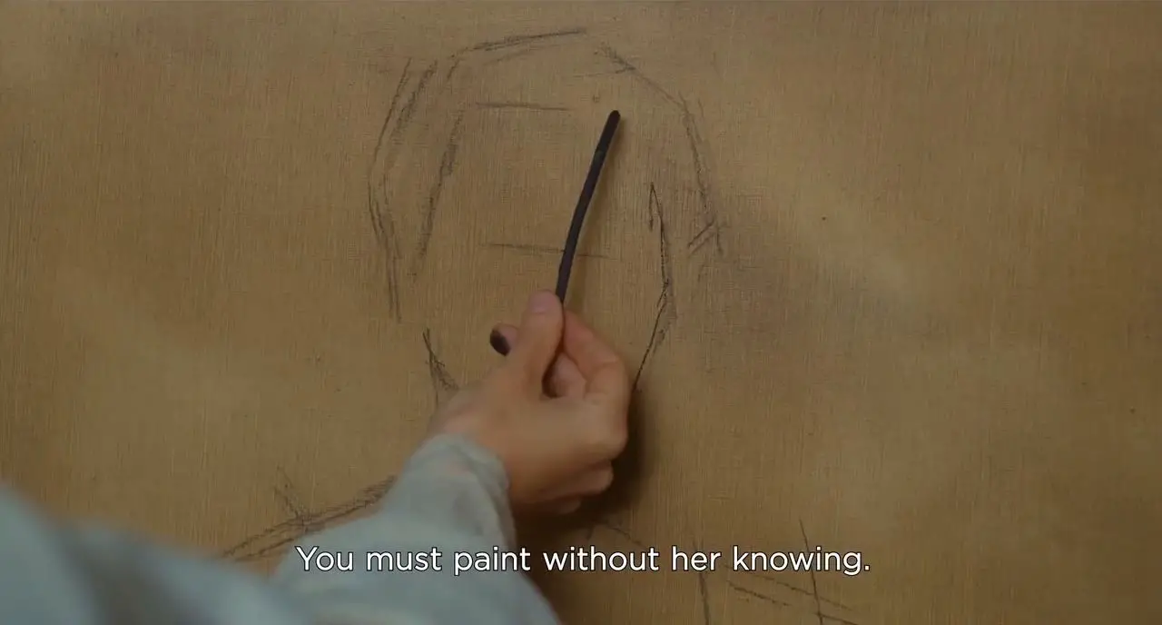 Marianne's hand is sketching Heloise's face, the lines "You must paint without her knowing." are transcribed