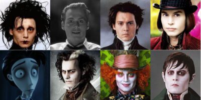 From left to right we see Johnny Depp in mutiple incarnations he has portrayed over the years in Tim Burton movies.