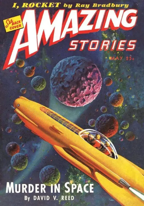 Yellow rocket with colorful planets in the background of Amazing Stories magazine