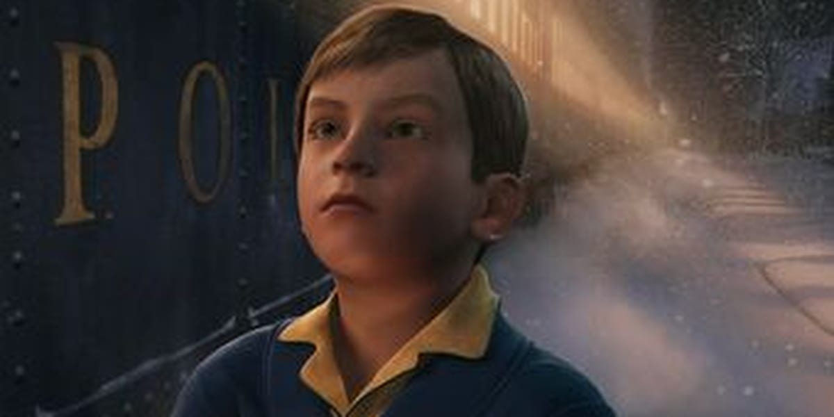 Boy Looking Up, wearing a robe with snow in the background and a light shining at an angle behind him with a train car on the left
