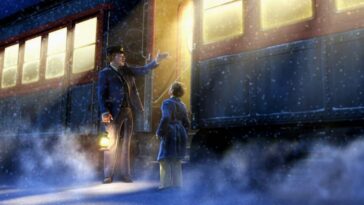 Standing next to the Polar Express, the boy gazes up at the conductor, who is explaining what the Polar Express is