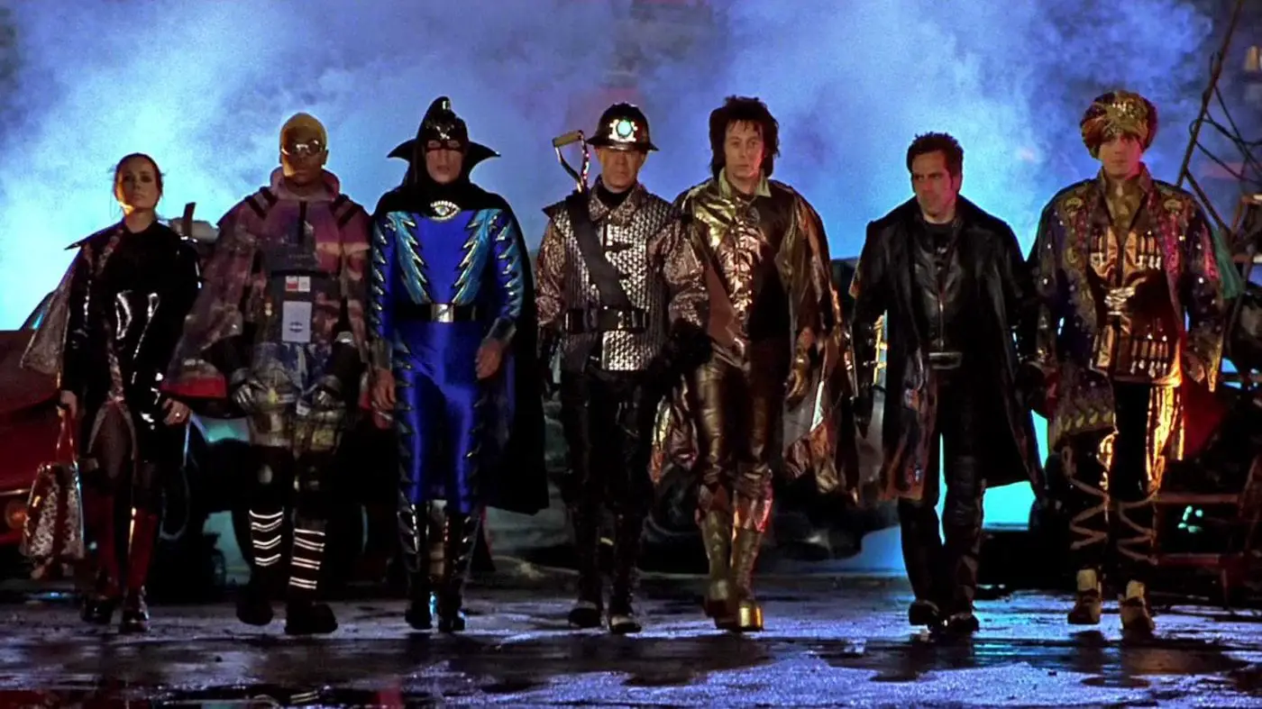 The Mystery Men gather together dressed in the superhero garb ready for battle