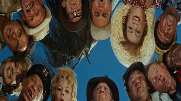 The entire cast in a circle, looking down into the camera