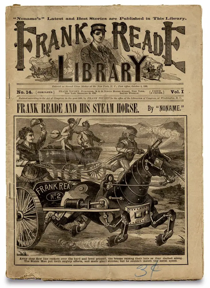 A steam powered horse drives a chariot on the cover of Frank Reade's library magazine. 