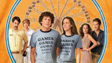 The characters in Adventureland standing against a fence