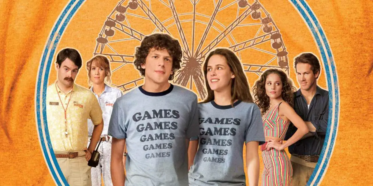 The characters in Adventureland standing against a fence