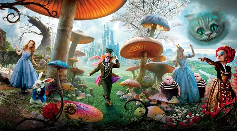 The main characters of Alice in Wonderland in a mushroom-filled field