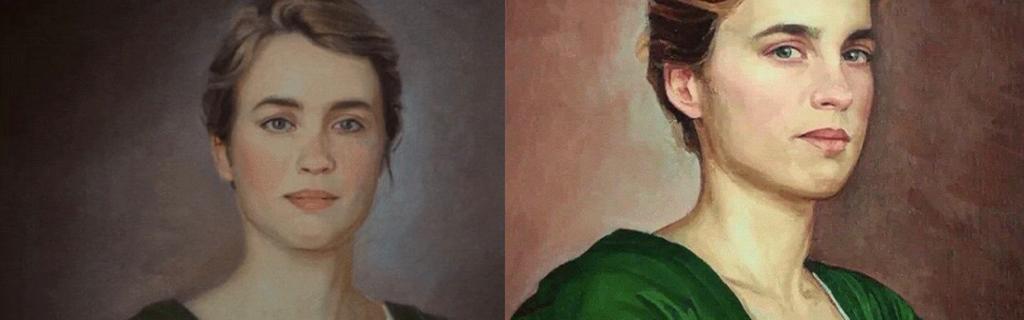 Marianne's first portrait of Heloise (left) versus Marianne's second portrait of Heloise (right)