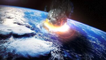 View from space of an asteroid impacting Earth