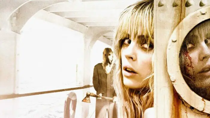 Jess hiding behind a corner of a ship with a menacing figure behind her with an axe