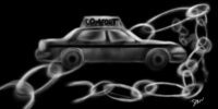 drawing of a taxi wrapped in a large chain