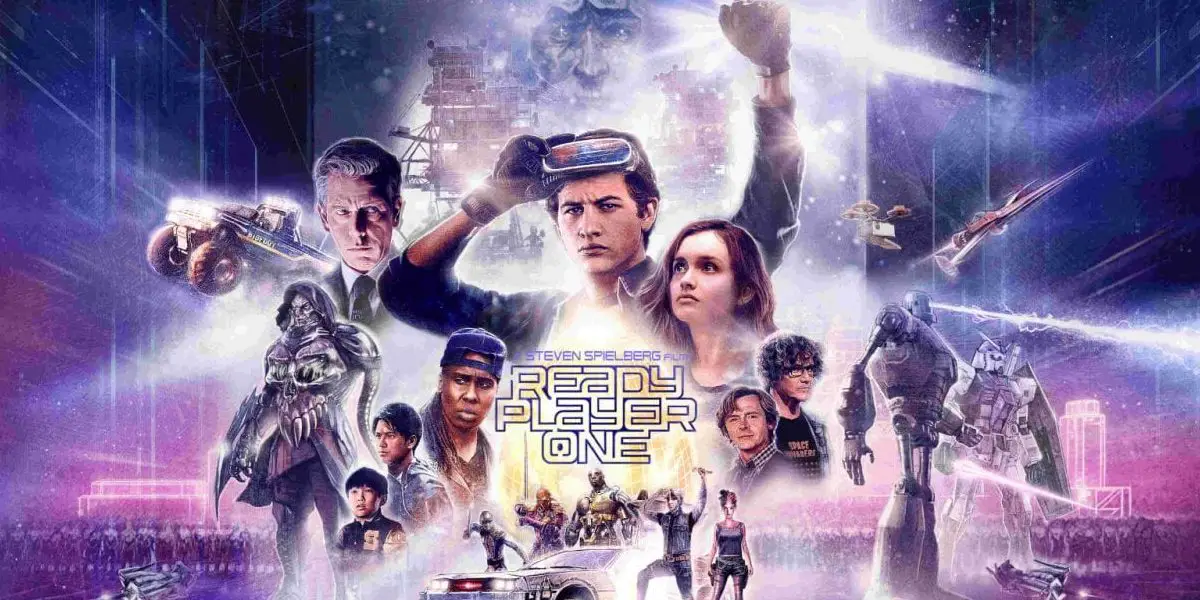Ready Player One poster with pictures of the ensemble cast